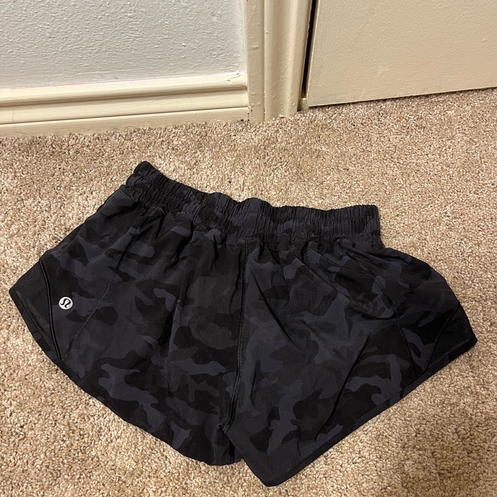 Lululemon Camo Grey and Black Low Rise Shorts, 4”, Size XS. With Side pocket.
